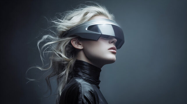 An attractive young woman wearing sleek, futuristic virtual reality glasses