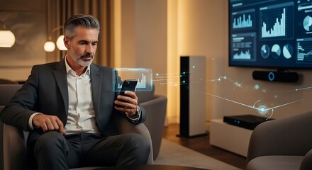 Sophisticated businessman analyzing financial data on a holographic display projected from his smartphone in a modern office