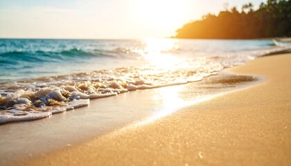 Sunlit ocean waves gently lap a sandy shore at sunset