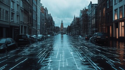 Futuristic cityscape featuring digital data stream over a European street