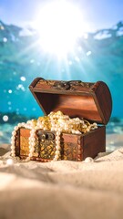 Sunlit treasure chest overflowing with pearls and gold coins rests on a sandy seabed, partially submerged in clear ocean water