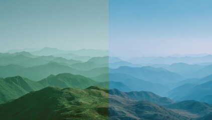 Divided mountain range, one side green-toned, other blue-toned