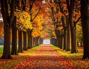 Naklejka premium Auntum park alley with tall trees and vibrant orange foliage, fallen leaves covering the pathway, serene and atmospheric fall landscape