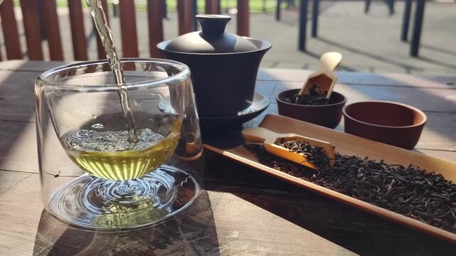 Chinese tea, making tea in a traditional, in a small cups and teapot over dark background