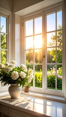 Sunlit window with white peonies in a vase