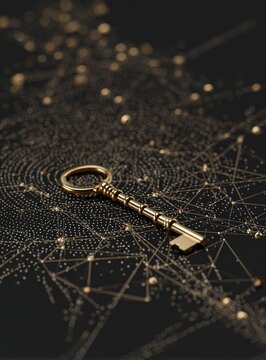 Golden key on a dark background with a network of lines and dots