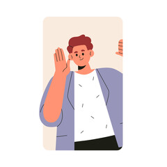 Man peeking out from behind wall, smiling and waving hand, greeting gesture. Happy friendly young male peeping, hiding, saying hi, hello. Flat vector illustration isolated on white background © Good Studio