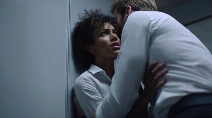 A woman shows visible fear while cornered in a tight area, as a man leans closer, exhibiting threatening behavior, indicating an uncomfortable confrontation