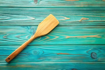 Wooden spatula resting on a vibrant teal wooden surface