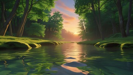 Serene forest stream reflecting a golden sunset