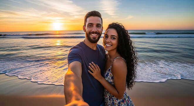 Happy couple takes a selfie on a sandy beach during a beautiful golden sunset over the ocean