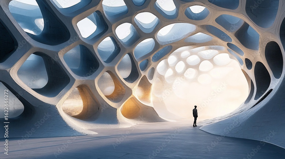 Poster futuristic building design with geometric lattice and exploring person