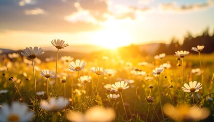 Sunny field of daisies at sunset