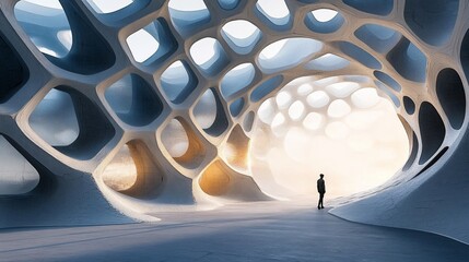 Futuristic building design with geometric lattice and exploring person