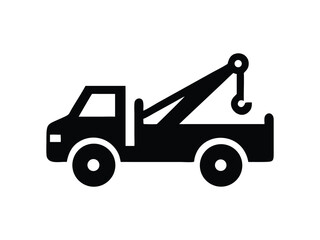 Naklejka premium Simple black silhouette icon of a tow truck with a hook and boom on a white background