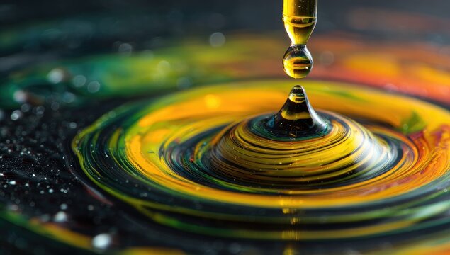 Vibrant liquid drop impacting colorful concentric circles