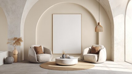 Beige archway interior with blank frame, soft light, armchairs, coffee table