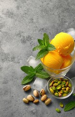 Mango ice cream with pistachios and mint on a gray concrete background, with space for text. A fresh summer food concept.