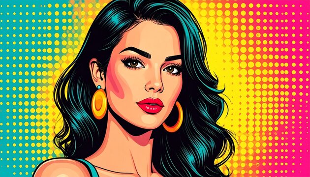Stylized pop-art portrait of a young woman with vibrant background and dotted pattern, retro comic style - Powered by Adobe
