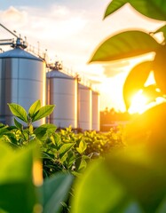 Sunset view of industrial silos through vibrant green foliage
