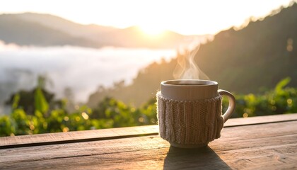 Sunrise view, steam rising from a cozy mug on a wooden surface