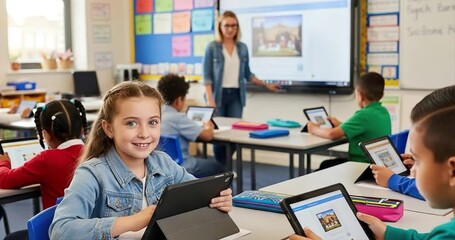 Children using tablets in classroom - Powered by Adobe