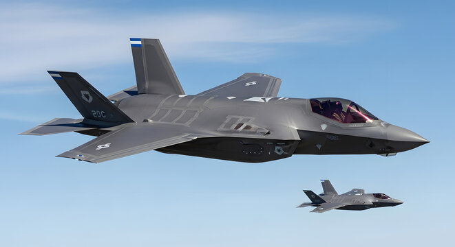 Two F-35 Lightning II stealth fighter jets flying in formation against a dramatic sky.