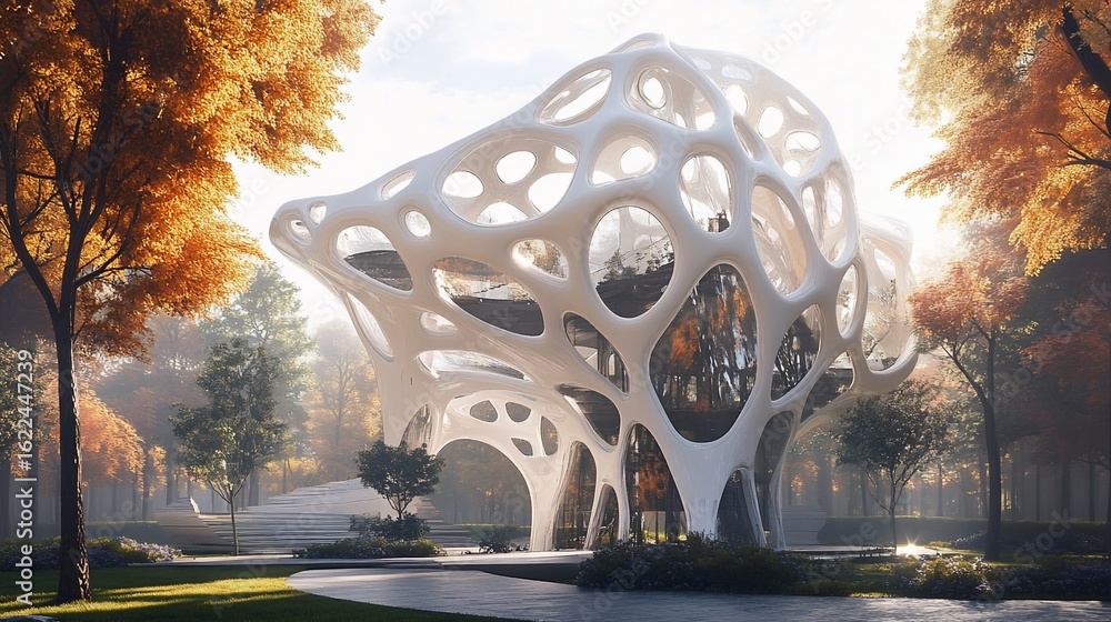 Poster futuristic architecture harmony with nature in autumn setting visualization