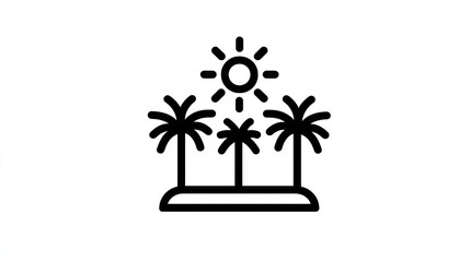Tropical island scene with palm trees and sun.