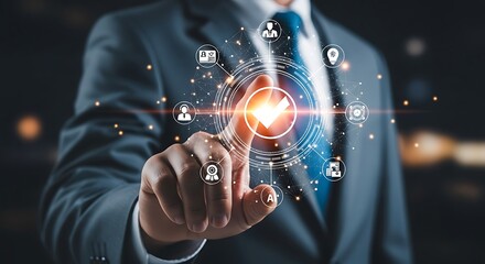 Businessman touches a glowing digital network interface with icons