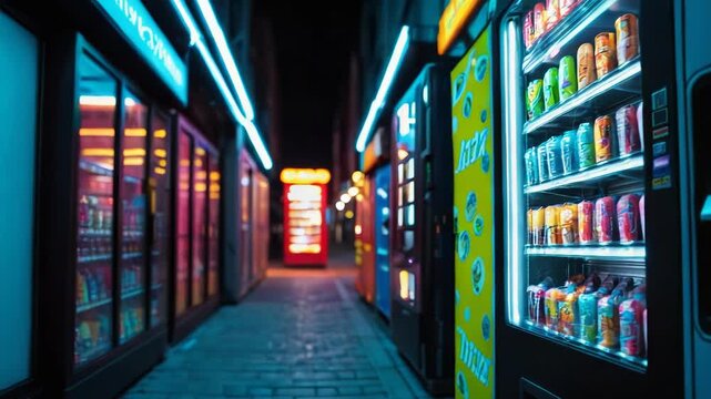 A line of vending machines side by side, ideal for use in commercial settings or illustrations
