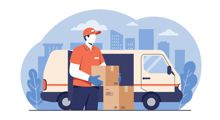Illustration of a delivery man carrying parcels next to a cargo van with a city skyline in the background. E-commerce shipping concept.
