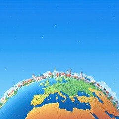 Cartoon globe of Europe, stylized with cityscapes, on a clear blue sky