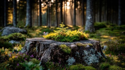 Young sprout on forest stump, sunlight