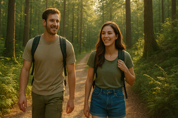 Obraz premium A cheerful young couple walks side by side on a sunlit forest trail, wearing casual hiking clothes and backpacks. The morning light filters through tall trees, creating a peaceful and warm atmosphere