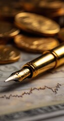 Golden fountain pen over financial charts and coins