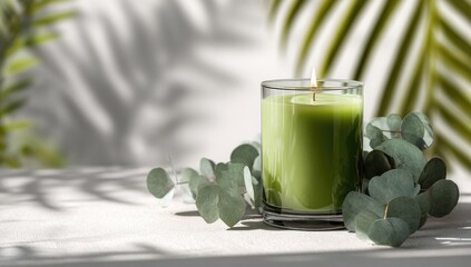 Green candle in glass, surrounded by eucalyptus leaves, soft light and shadows