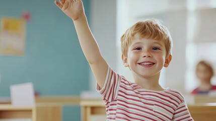Happy child raising hand in classroom setting, bright and joyful early education scene