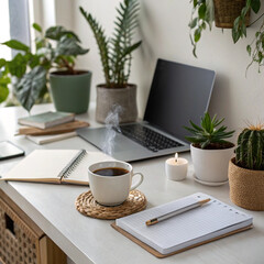 "Cozy Home Office Desk with Laptop, Plants, and Fresh Coffee"

