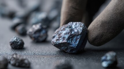 Close-up of gloved hand holding rough metallic ore on dark surface