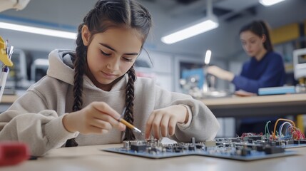 Young girl engaged in stem learning soldering electronics with focus and determination