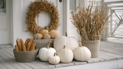 Rustic autumn porch with white pumpkins and dried corn decorations