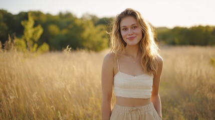 Smiling woman in sunny field: embracing nature with joy and style