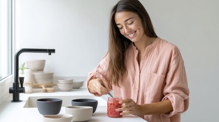 Happy woman in modern kitchen preparing fresh fruit snack