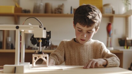 Young boy focused on learning 3d printing in a bright creative classroom