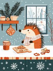 A hedgehog baking cookies in a cozy winter kitchen with snowy fir trees outside, made as printable holiday poster or seasonal nursery wall art