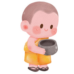 Cute Cartoon Novice Monk Holding Alms Bowl