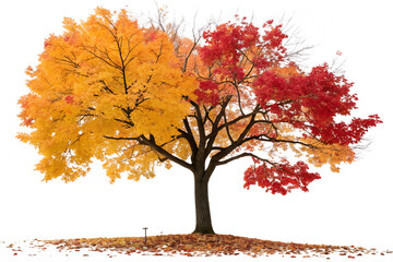 Majestic Autumn Tree: Vibrant Red and Gold Foliage, Isolated on White Background on transparent background