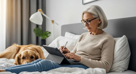 Senior Woman Engaged with Tablet on Bed Accompanied by Loyal Golden Retriever, Peaceful Scene: Mature Woman Relaxing with Technology and Pet