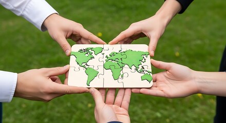 Diverse hands unite to assemble a green world map puzzle symbolizing global cooperation and environmental stewardship